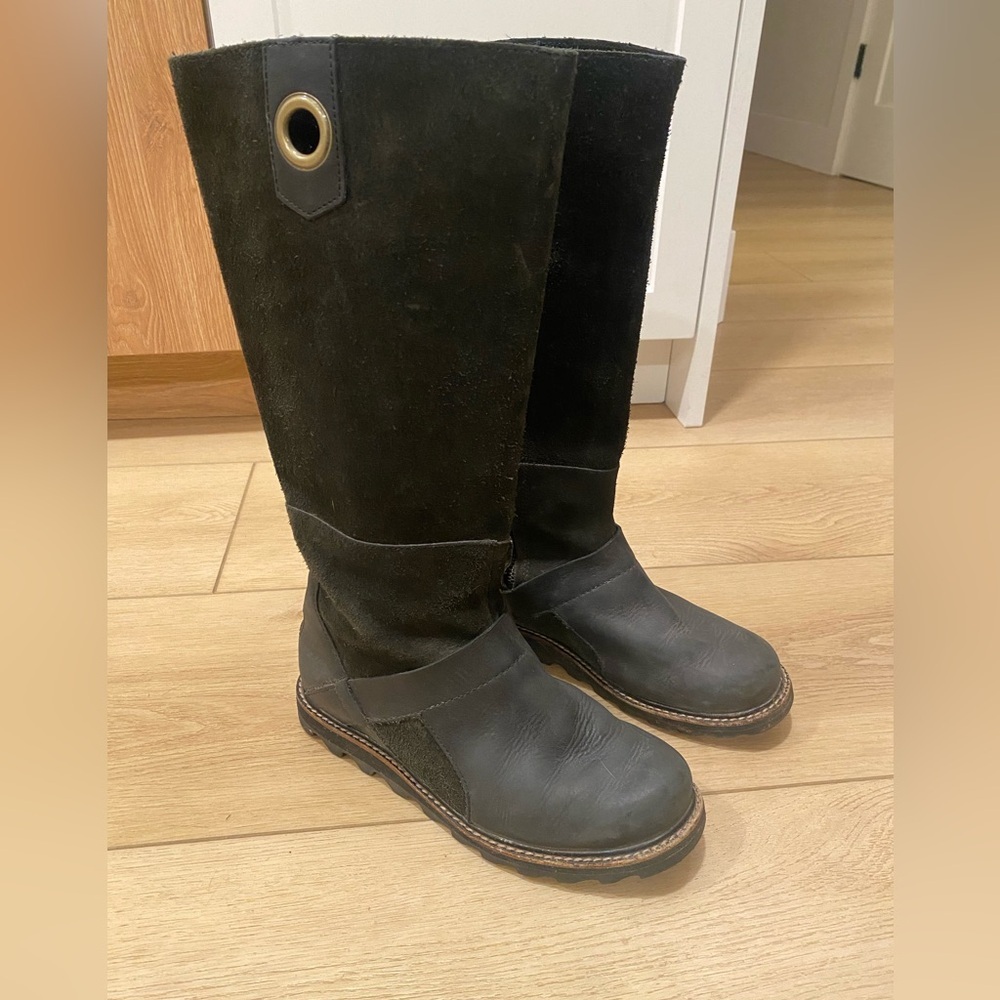 Sorel Womens Winter Boots Black Leather & Suede Sz 6.5 Zip Up Waterproof